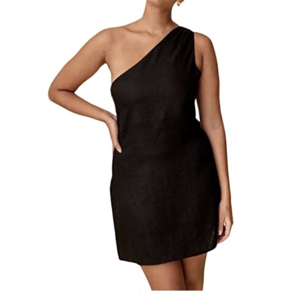 THEORY Sleeveless One Shoulder Mini Dress in Black Satin 4